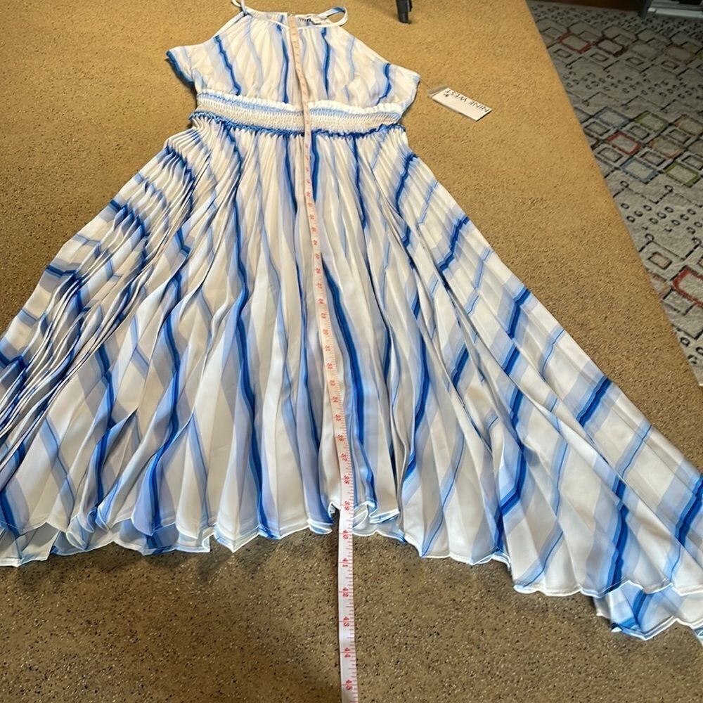 Nine West blue white accordion pleated shark bite hem high neck midi dress NEW - Picture 14 of 16
